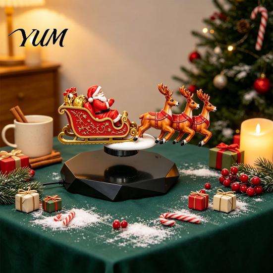Creative Christmas Ornament Floating Santa Sleigh, Flying Sleigh Magnetic Levitation Display, Rotating Claus Display Tabletop Decor for Home, Office,