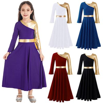 Дети Девочки литургическая хвалебная танцевальная туника с длинным рукавом и круглым вырезом металлик цвет блок хвала церковное богослужение свободное длинное платье