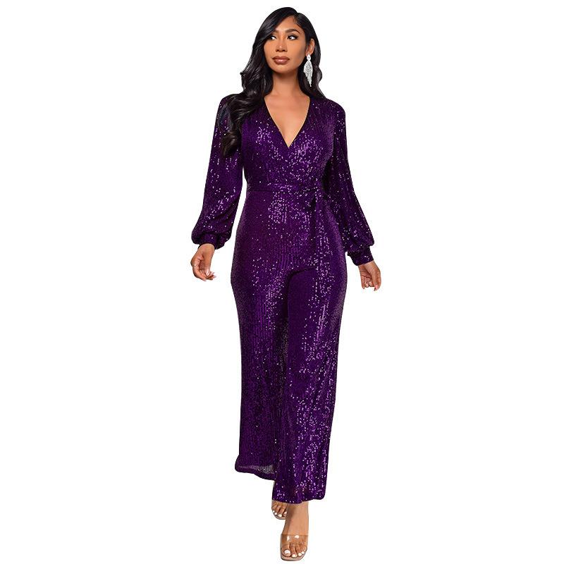 Sparkly Jumpsuits For Women Dressy Formal Plus Size Long Sleeve Sequin Party Rompers Sexy V Neck Wide Leg Pants Suit