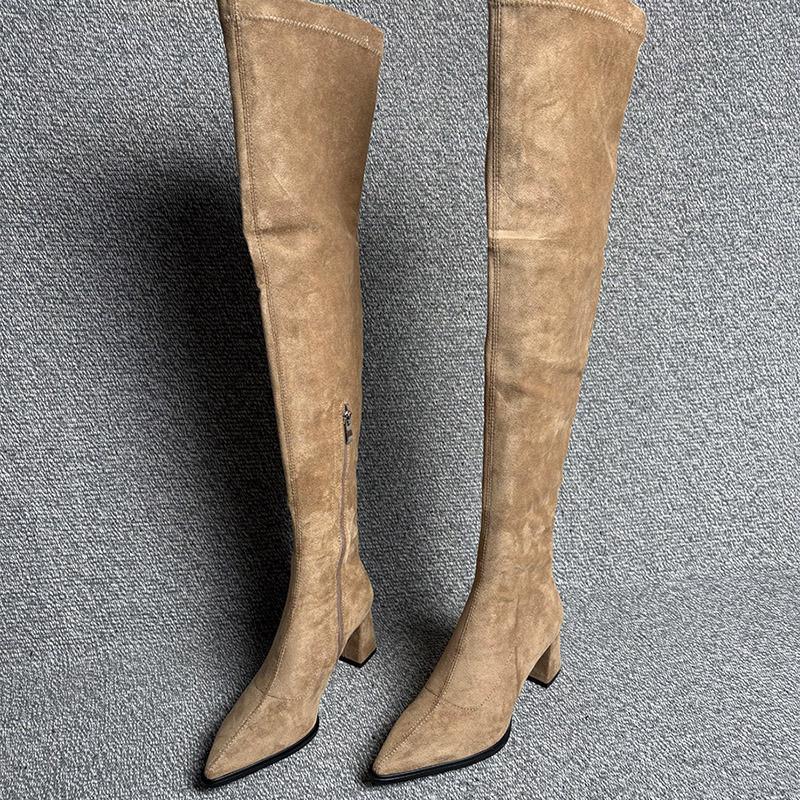 Зимняя мода Женские длинные ботфорты с острым носком Уличный стиль Толстый каблук Вечеринка Стриптизерша Женская обувь