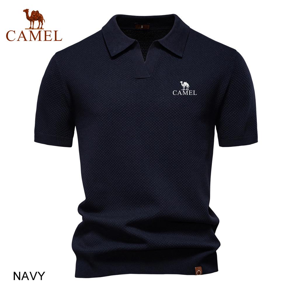 Camel Summer Embroidery Large Pineapple Pattern Woolen Polo Sweater for Men's Business, Seagull Collar, Men's Short Sleeve Sweater