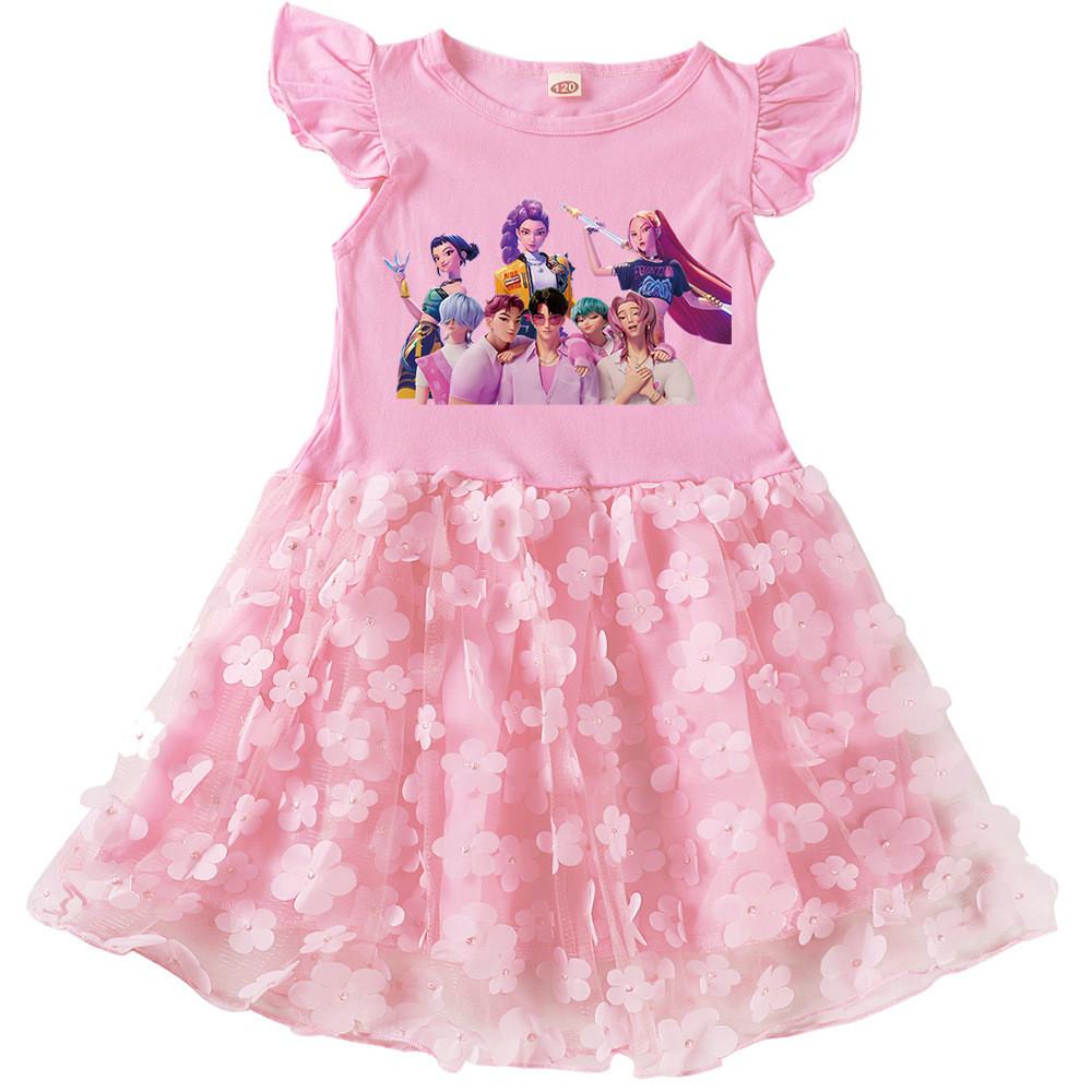 Kids Girls Anime Cartoon Rumi Zoey Mira Printing Ruffle Short Sleeve Cotton Casual Flower Mesh Dress