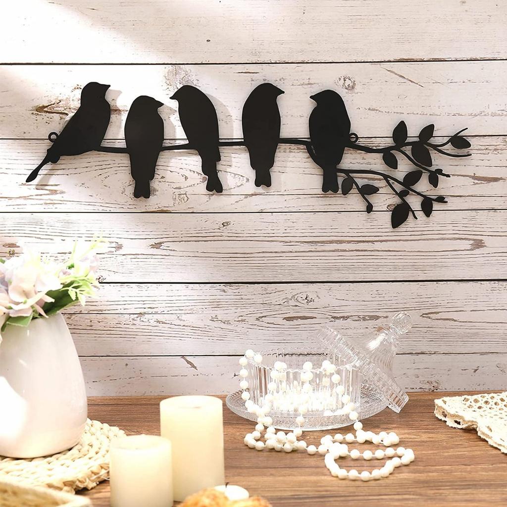 Birds On Branch with Leaves - Metal Bird Wall Art - Metal Sculpture Wall Hanging Sign for Balcony, Garden, Home Decor(Black)