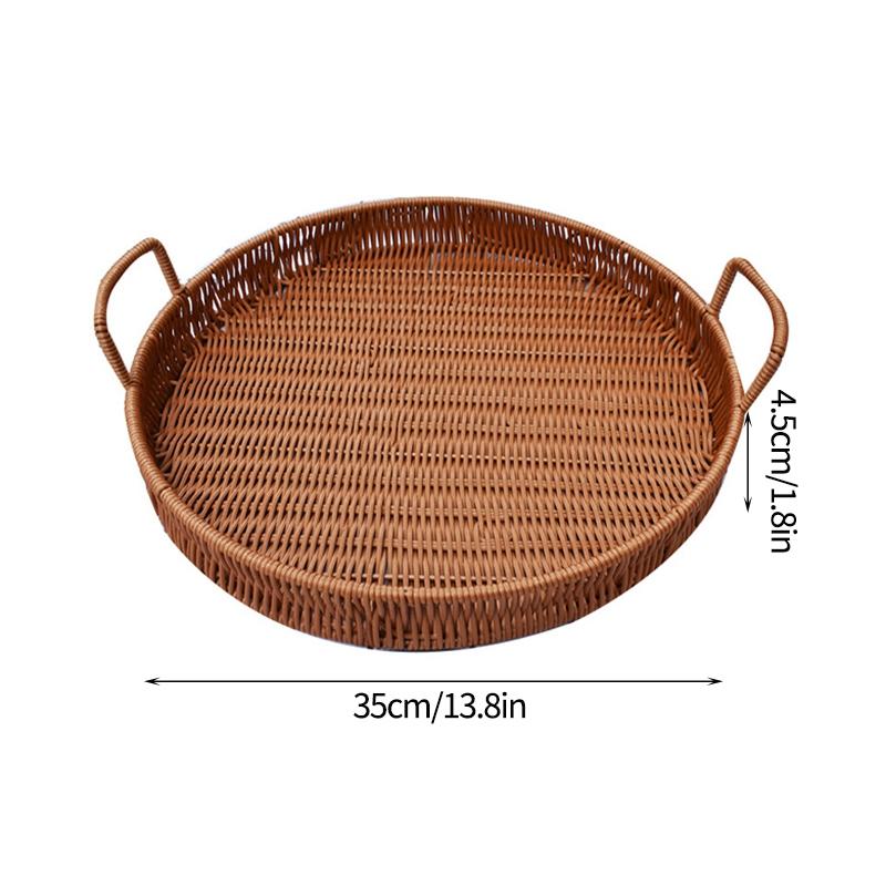Storage Tray Round Rattan Woven Tray Fruit Breakfast Tea Storage Basket Desktop Sundries Organizer Bread Plates With Wood Handle