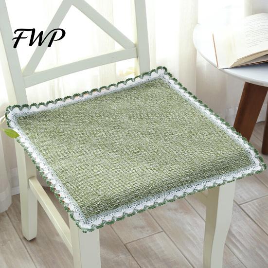 Retro Lace Trim Chair Mat Cotton Linen Pad with Ties, Striped Plaid Decorative Seat for Rattan Chairs Trim, Breathable Dining Office Summer