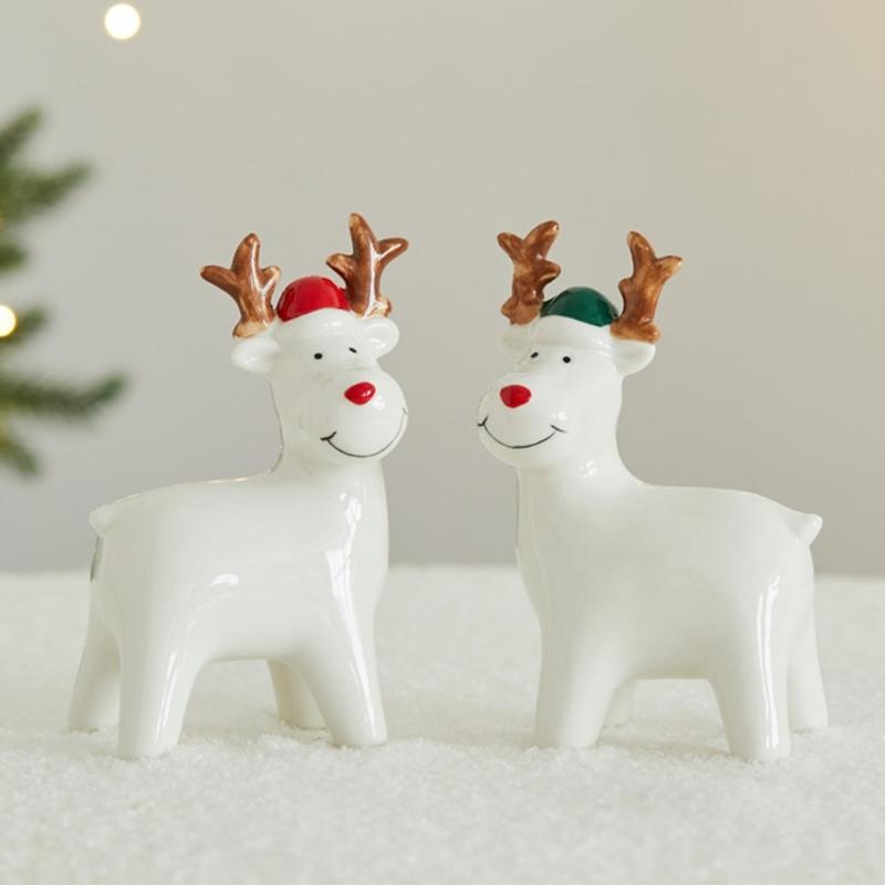 Christmas Themed Ceramic Illuminating Village House Snowman Deer Figurine Decoration For Mantels Shelf Or Window Sill