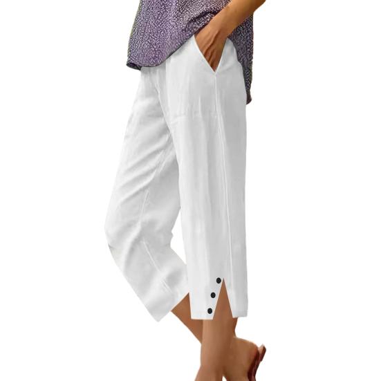 Women Cropped Pants Elastic Waist Wide Leg Beach Pants with Pockets Solid Color Casual Loose Fit Pants
