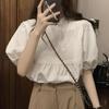 Блузка с коротким рукавом во французском стиле, белая рубашка, топы, женская милая рубашка с пышными рукавами, повседневная свободная одежда с однотонным воротником-стойкой 27528