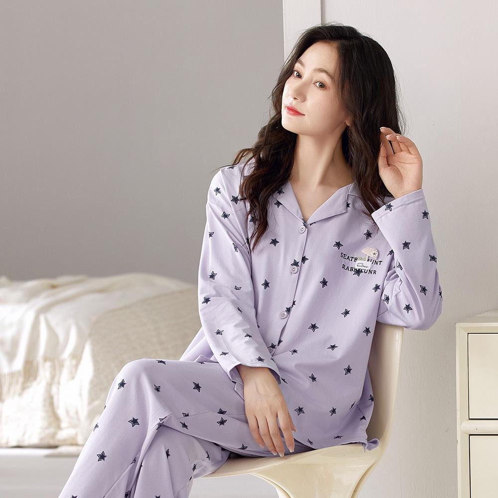 Женский весенне-осенний пижамный комплект из лайкры и хлопка - кардиган с длинными рукавами и брюки, простой свободный крой, молодежный стиль.