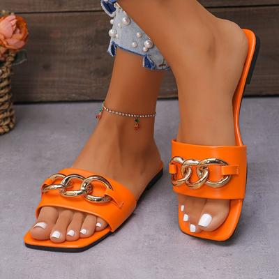 2025 весна и лето новые классные тапочки с металлической цепочкой квадратная головка плоская подошва разноцветные сандалии с одним символом импортная торговля обувь большого размера