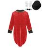 Womens Circus Magician Costume Sequin Tailcoat Long Sleeve Notch Lapel Open Front Design Hat Gloves Bowtie Set