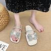 2025 Summer New Rhinestone Bow Cool Slippers Women's Summer Wear Versatile Skirt French Flat Slippers