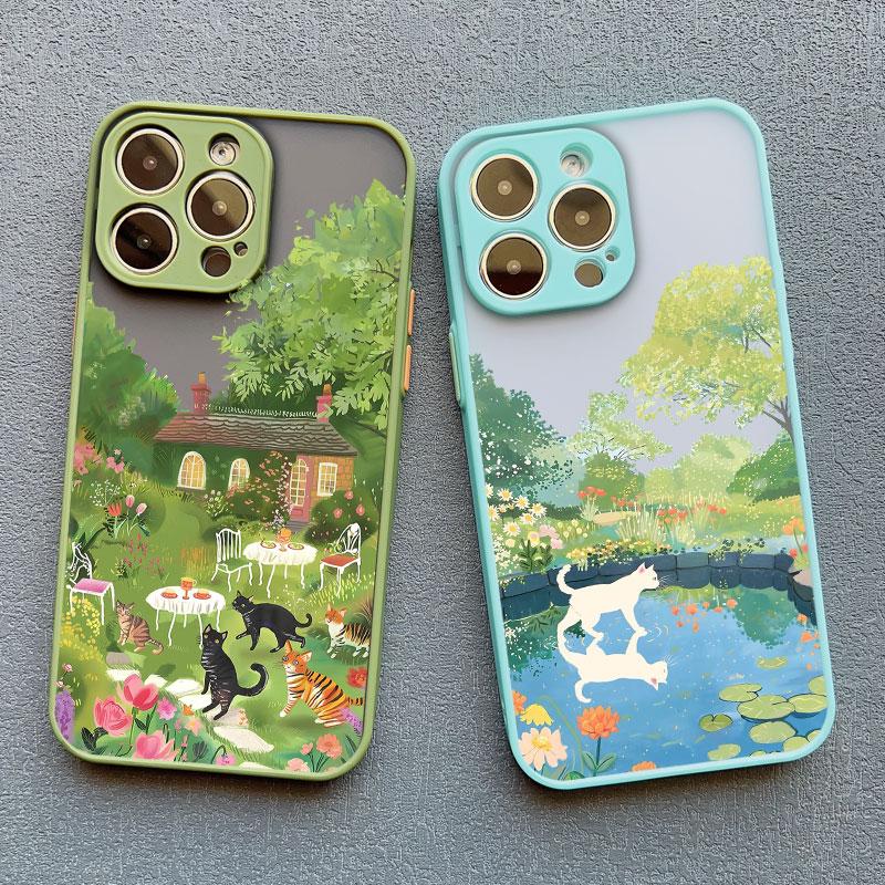 Pretty Cute Black Cats In Flower Garden Phone Case for iPhone 14 13 12 11 Pro Max Mini 16 15 Pro Max Plus XR XS X 7 8 Plus Cover