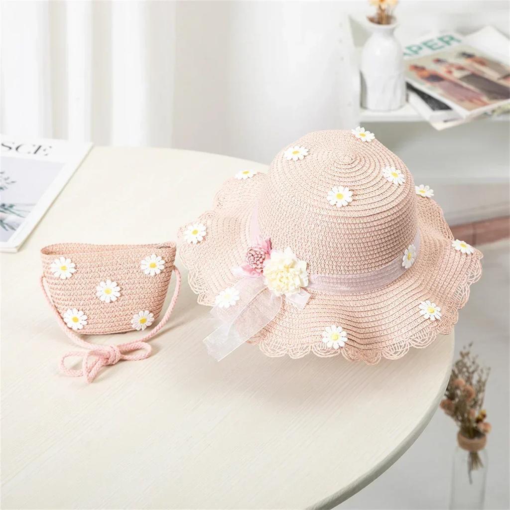 New Girls Chamomile Floral Straw Hat Handbag Sets Child Baby Straw Hat Kids Outdoor Beach Sun Bags Set Travel Holiday Sun Cap