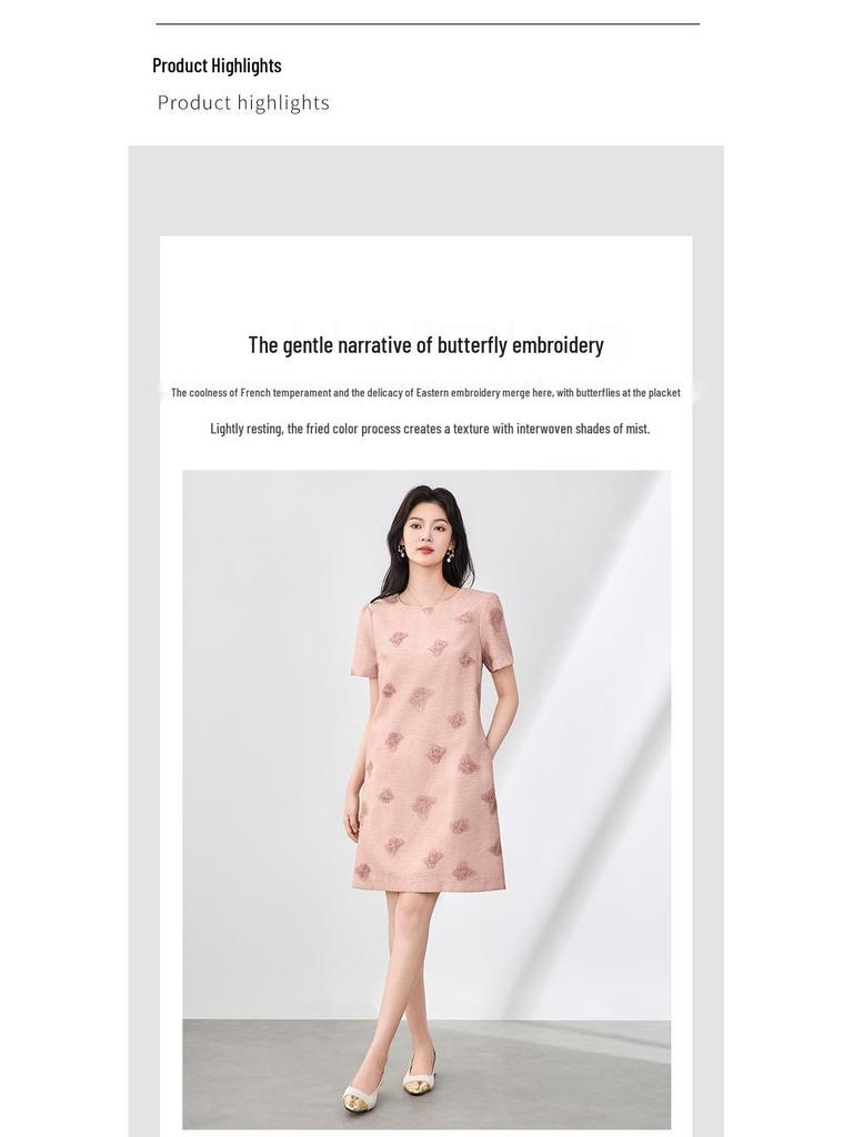 Tencel Linen A-line Dress with Butterfly Embroidery - French Style Slimming Fit for Women