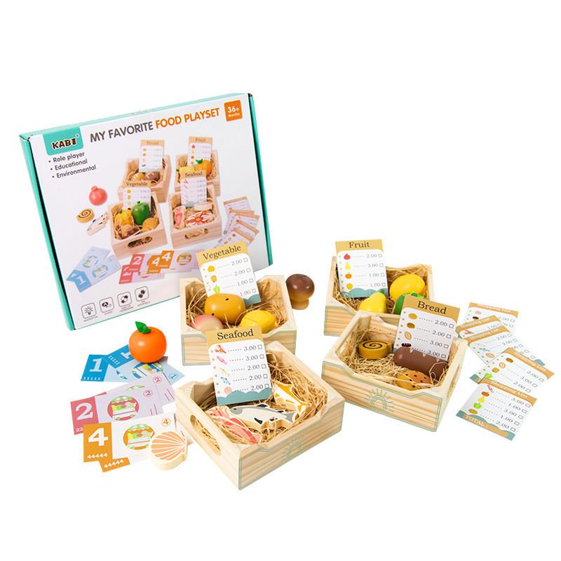 Wooden Pretend Play Kitchen Toy Set With Fruits Vegetables And Bread For Kids Learning