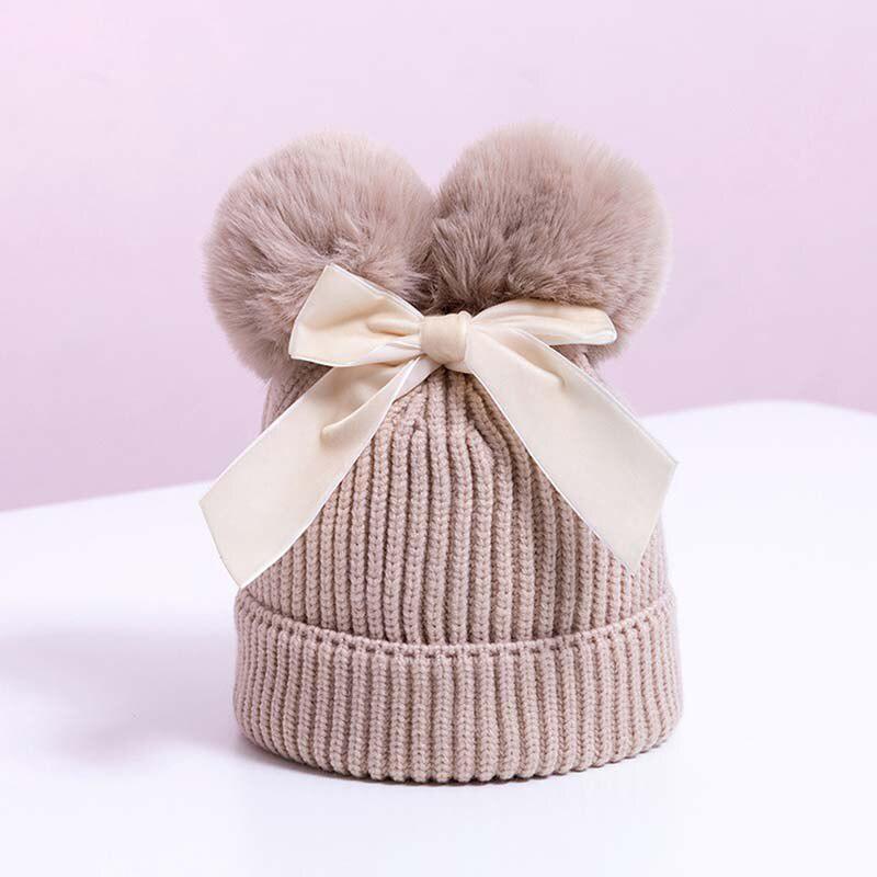 Double Pompom Baby Girl Bonnet Hat Winter Knitted Warm Thicker Children Beanie Cap