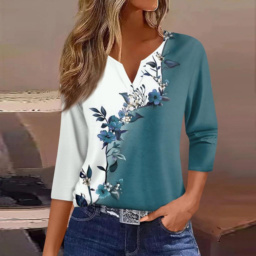 Women's T Shirt Tee Print Button  3/4 Sleeve Daily Weekend Fashion Basic V- Neck Regular Top