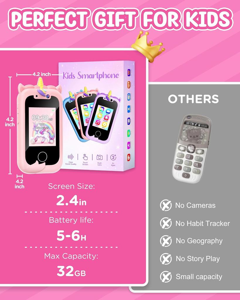 Kids Smart Phone Girls Toy: Christmas Birthday Gifts for Girls Age 3-10 - Working Real Play Cell Phone - Toddler Toy Learning Ph