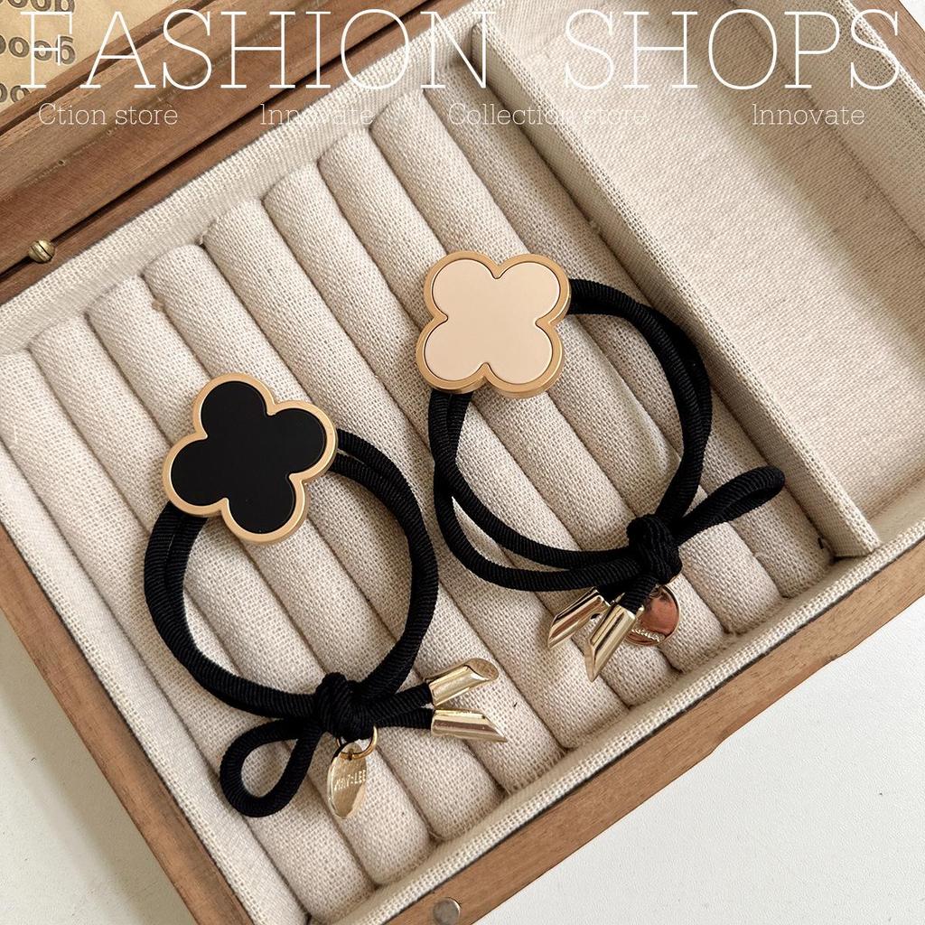 Korean High-End Four-Leaf Clover Hair Tie for Women - Non-Tightening Summer Ponytail Accessory with Black Leather Case