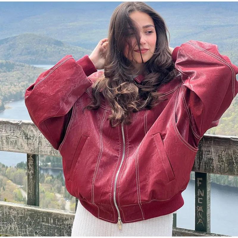 Повседневная свободная куртка женская мода рукав-фонарик лацкан кожа женские пальто осень уличный большой размер шикарные женские куртки