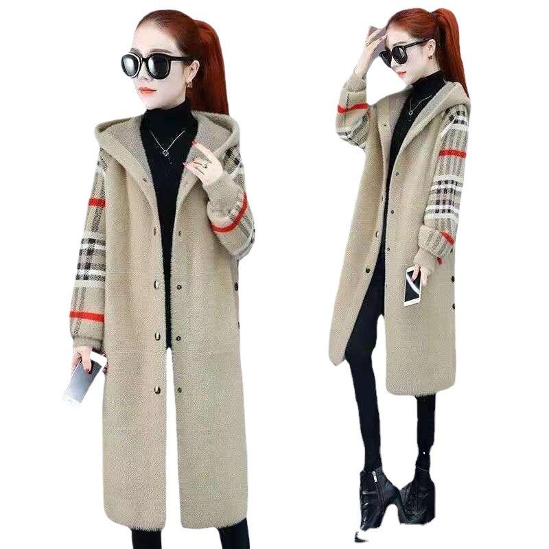 Куртка с капюшоном женская средняя и длинная утепленная куртка пальто новая осенне-зимняя утепленная корейская версия свободная имитация норки бархатная шуба