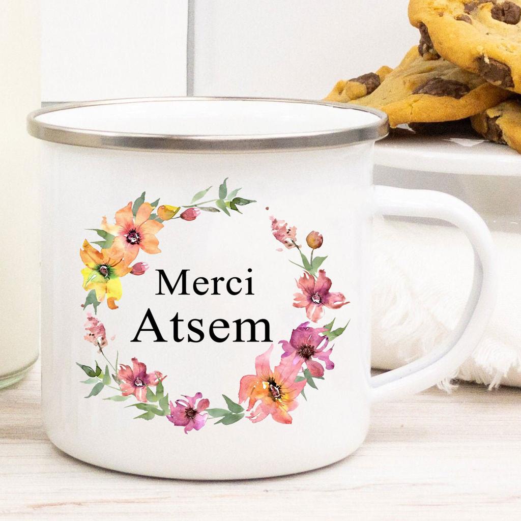 Французский Спасибо Atsem Принт Эмалированные Кружки Креативная Кофейная Кружка Напиток Сок Молоко Чашки Школа Дом Ручка Посуда Подарки Учителю