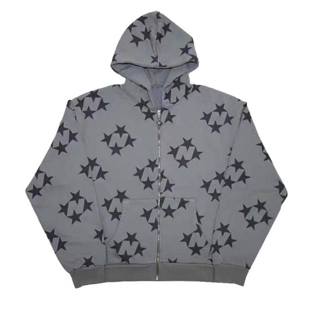 Hoodie Coat Star Print Pockets Zipper Closure Elastic Thread Cuff Long Sleeve Relaxed Fit Unisex Hooded Streetwear Hip Hop Fall Winter