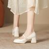 Coarse Heel Mary Jane Single Shoes Women's Round Head Pearl Single Shoes Student Light Mouth Pink Women's Shoes