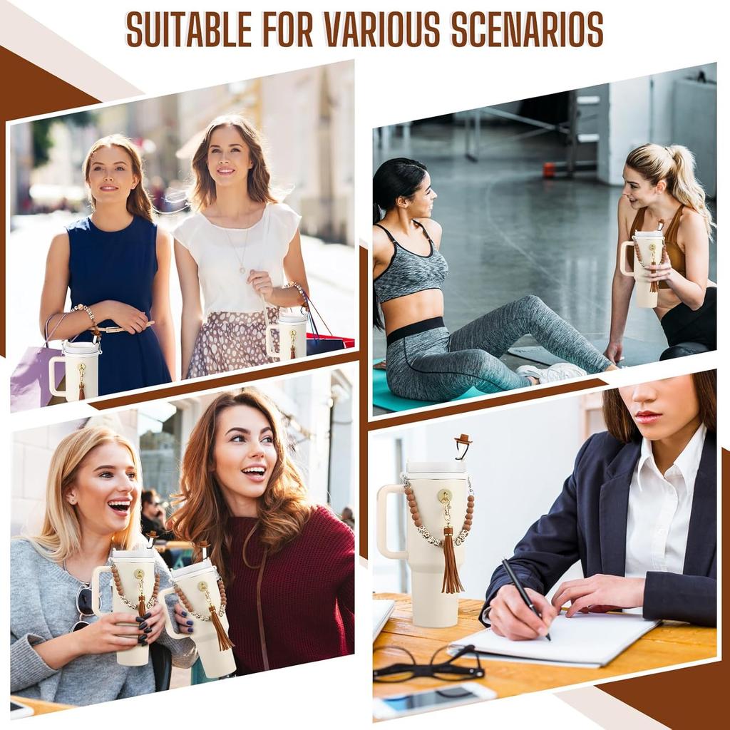 Skylety 5 Pcs Cowboy Hat Silicone Cup Accessory Set Compatible with Stanley Cups Includes Cow Hat Straw Cover Beaded Bottle Strap Leather Tassel