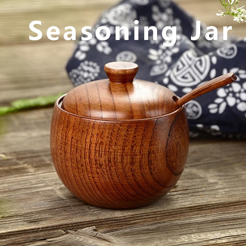 Wooden Seasoning Jar Salt Cellar Sugar Bowl Pepper Box with Lid Natural Style Spice Container Storage Box for Kitchen Restaurant