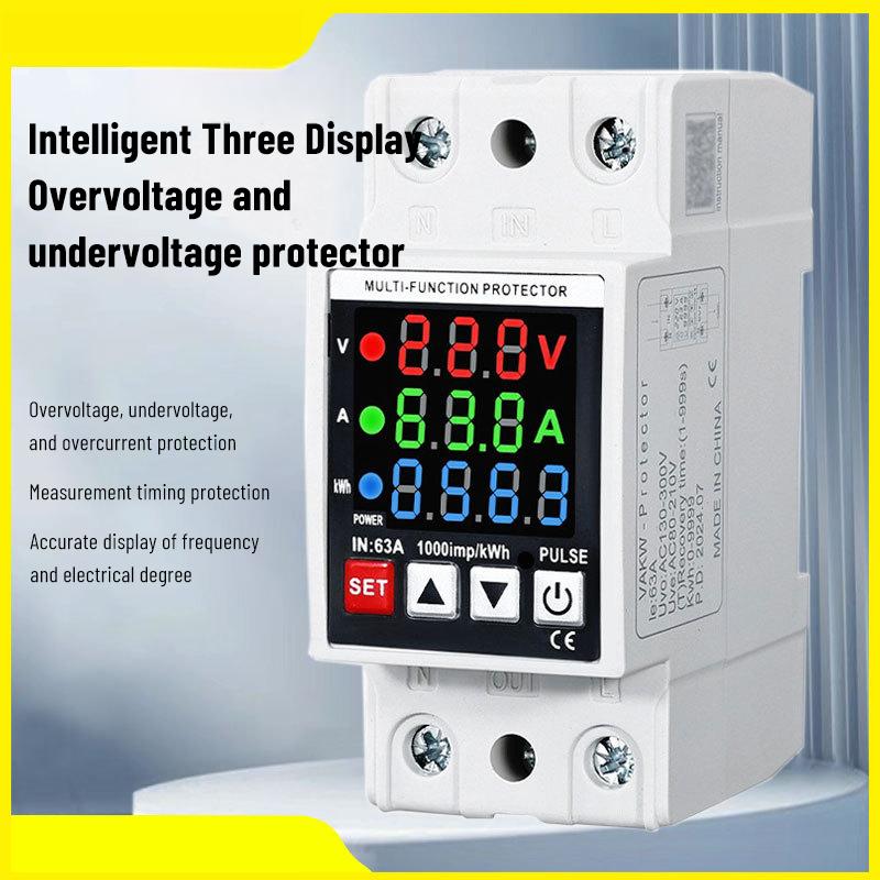 Three display over-under-voltage protector 1-63A adjustable self-repeating intelligent over-under-voltage protector current-limiting time-delay meter