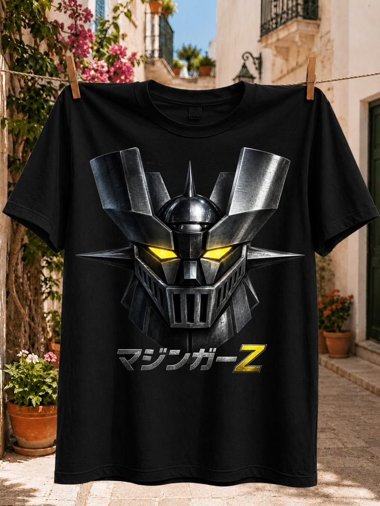 Mazinger ZMetallic Robot Head Glowing Yellow Eyes Japanese Lettering and Dark Mechanical Art Unisex Unisex All T-Shirt