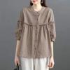 Korean Women's Spring Summer New Splicing Round Neck Button Pattern Fashion Loose Casual Shirts