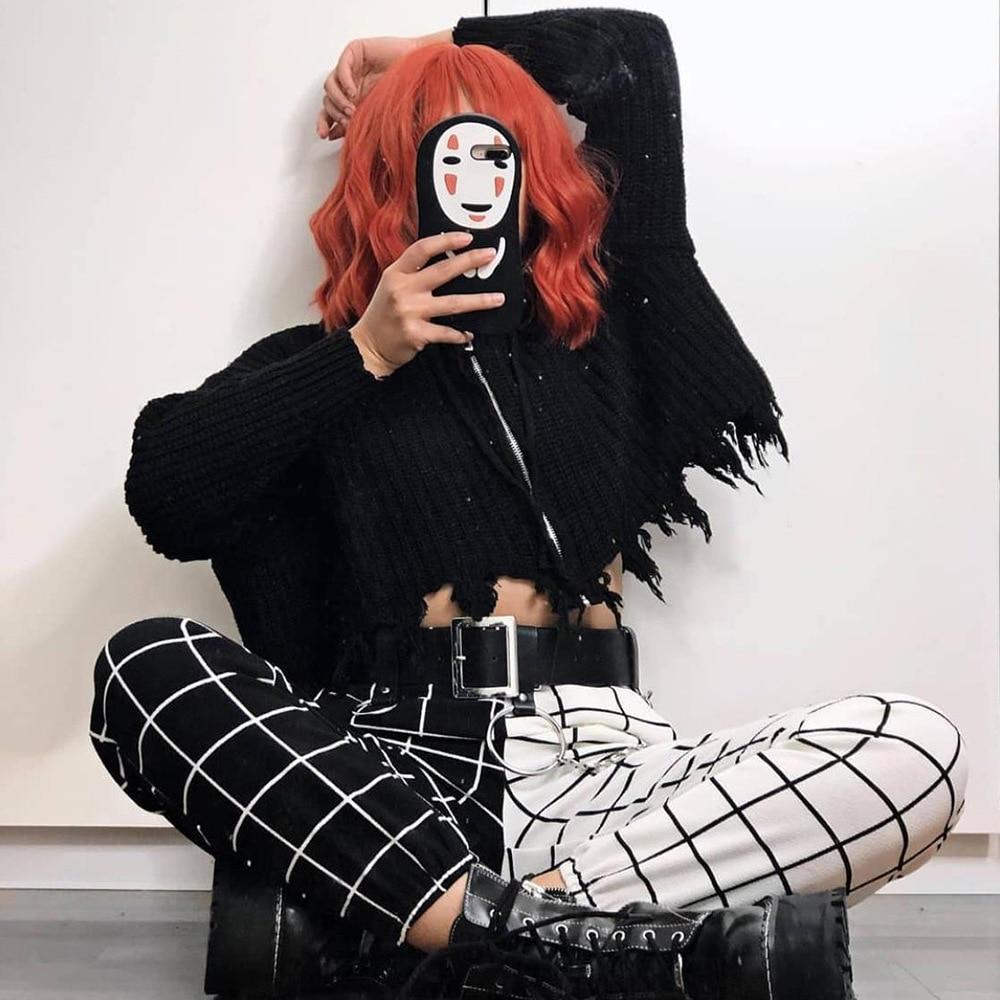 Винтажные клетчатые лоскутные брюки Harajuku женские брюки эластичные брюки с высокой талией повседневные прямые брюки в клетку в клетку с принтом