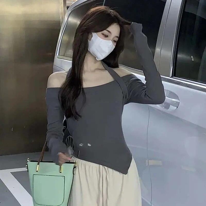 Off Shoulder Cropped Top Sexy Slim Women Thin Sweater Knitted Pullover Hottie Long Sleeve Tight Undershirt Hanging Neck Design