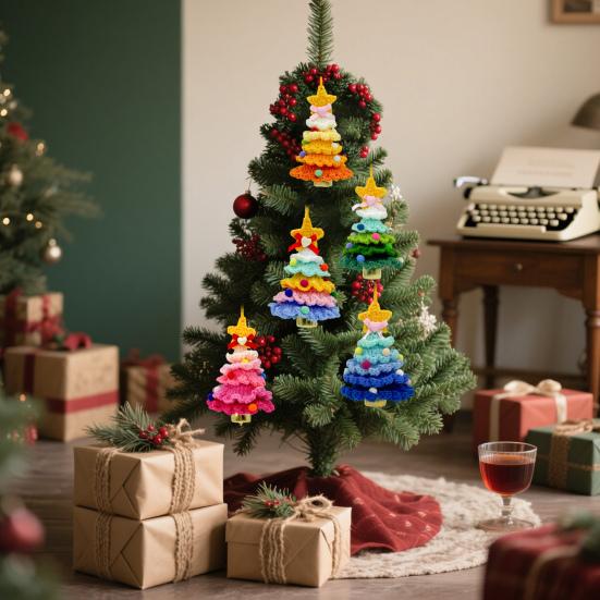 Handmade Knitted Christmas Tree Ornament with Multi-Layered Crochet Design Golden Bells Star Top Pom Pom Decor Holiday Decor
