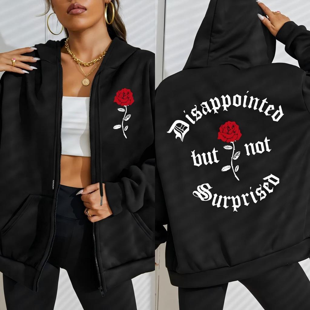 Disappointed But Not Surprised Rose Flower Print Zipper Hoodie Woman All-Match Hoody Autumn Pocket Clothes Loose Fleece Top