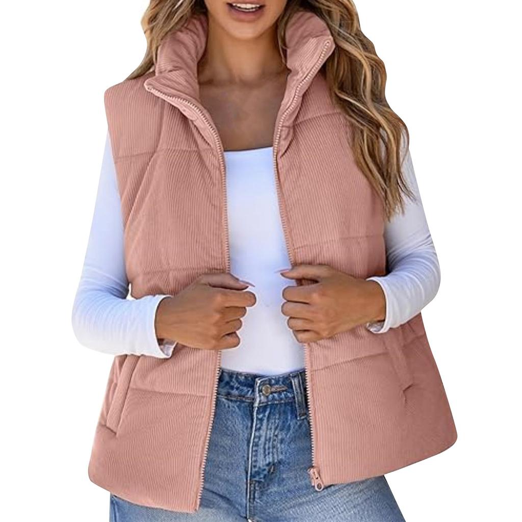 Женская модная повседневная куртка-жилет без рукавов на молнии с однотонным утолщенным узором