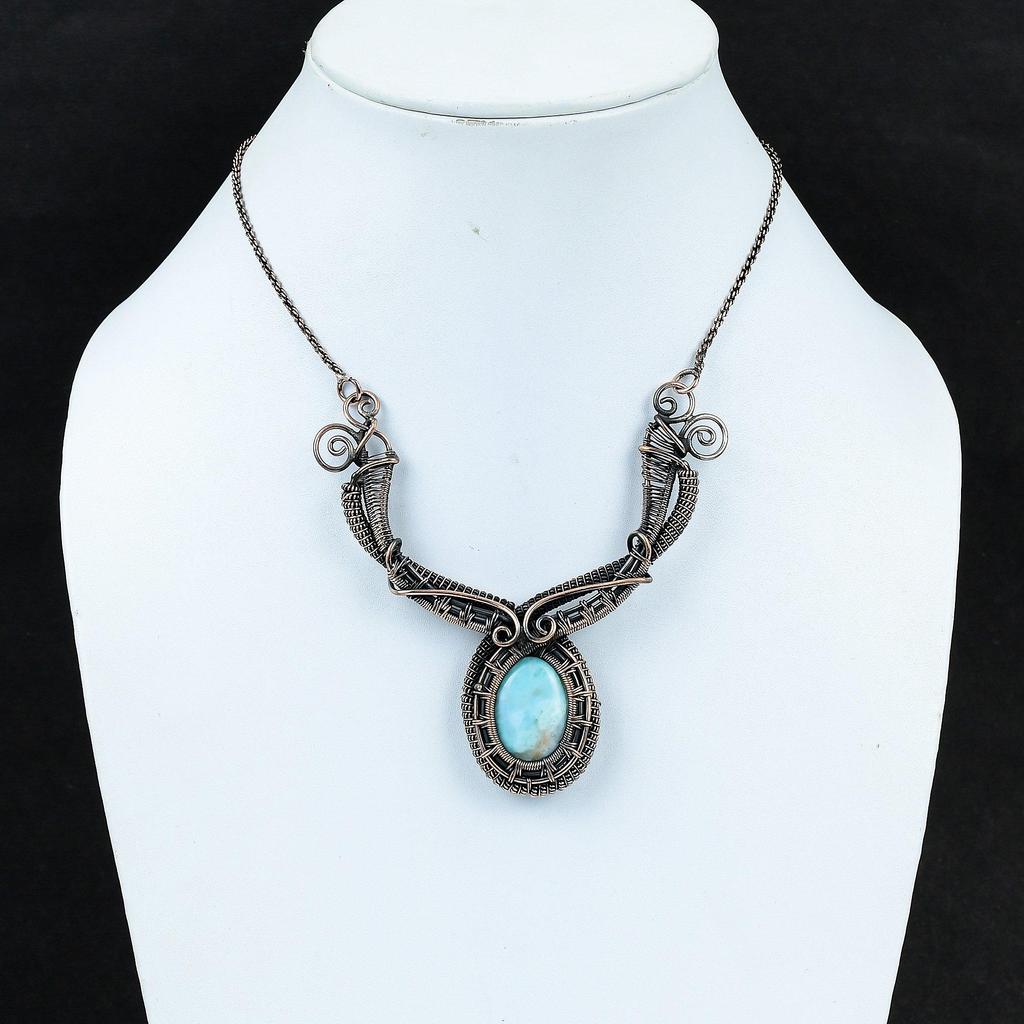 Ожерелье из ларимара, медная проволочная обертка, ожерелье из натурального драгоценного камня, медное ожерелье, ювелирные изделия ручной работы, ожерелье из проволочной обертки, подарки для матери