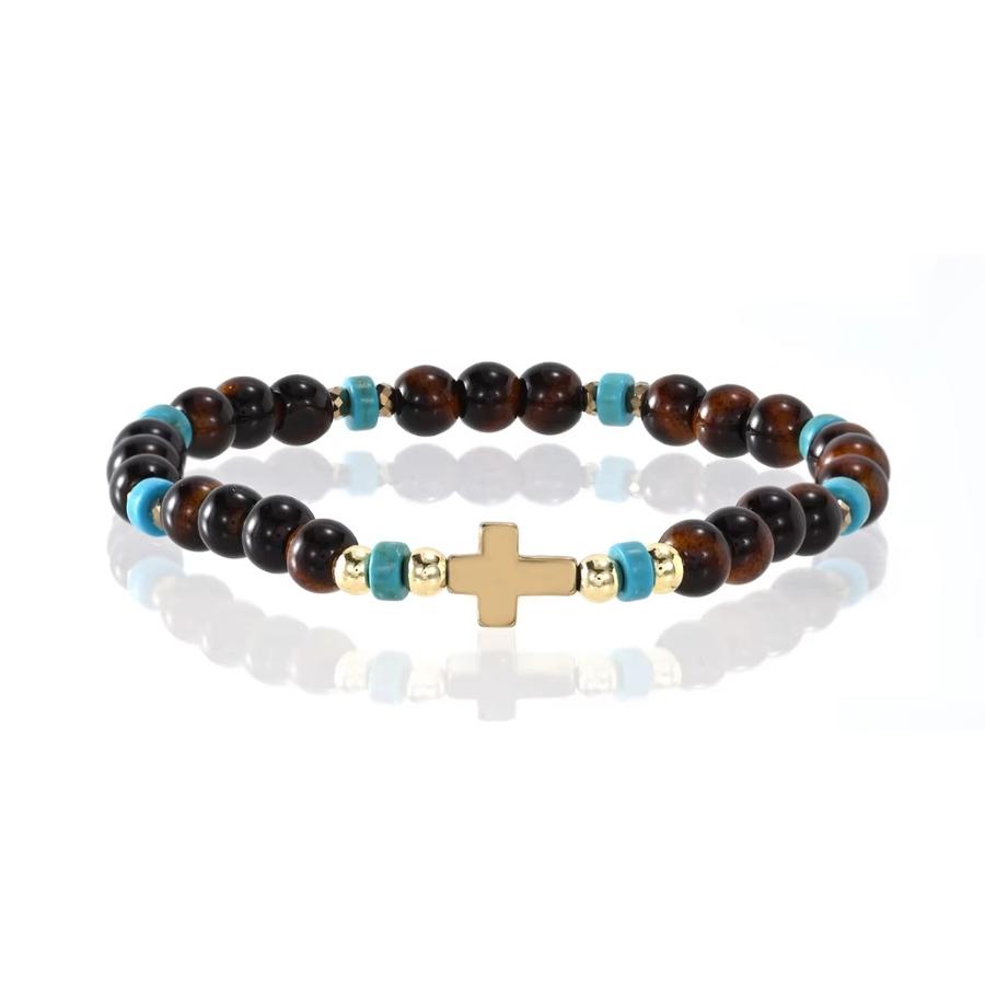 Natural Stone Beaded Bracelet, a Mix of Turquoise, Obsidian, and Agate, Paired with a Simple Cross, Subtly Showcasing Faith and Individuality