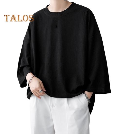 Men's Round Neck T-shirt Three-Quarter Length Sleeves Solid Color T-shirt Casual Style Loose Fit Tee Shirt for Street Travel Vacation