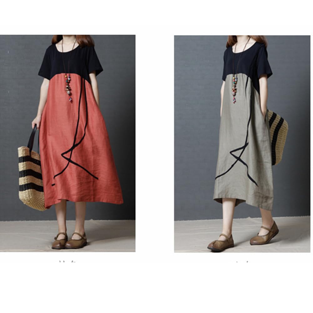 Short Round Long Plus [SDSXZWG] Women's Cotton-Linen Dress, Sleeve, Lightweight, Neck, Dress, Flattering, Slimming, Sizes, Summer/Autumn (JP,