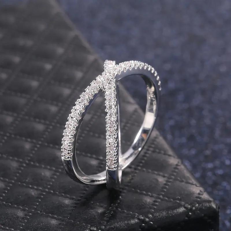Trendy Cubic Zirconia Geometric Rings For Women Men X Shape Copper Ring Party Everyday Jewelry