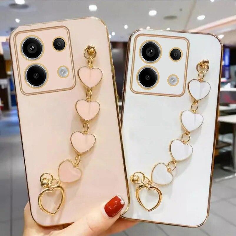 Для POCO X6 Pro M6 Pro чехол с браслетом в форме сердца, чехол с цепочкой на запястье для Xiaomi Mi POCO F5 X5, гальванический противоударный мягкий силиконовый чехол для телефона