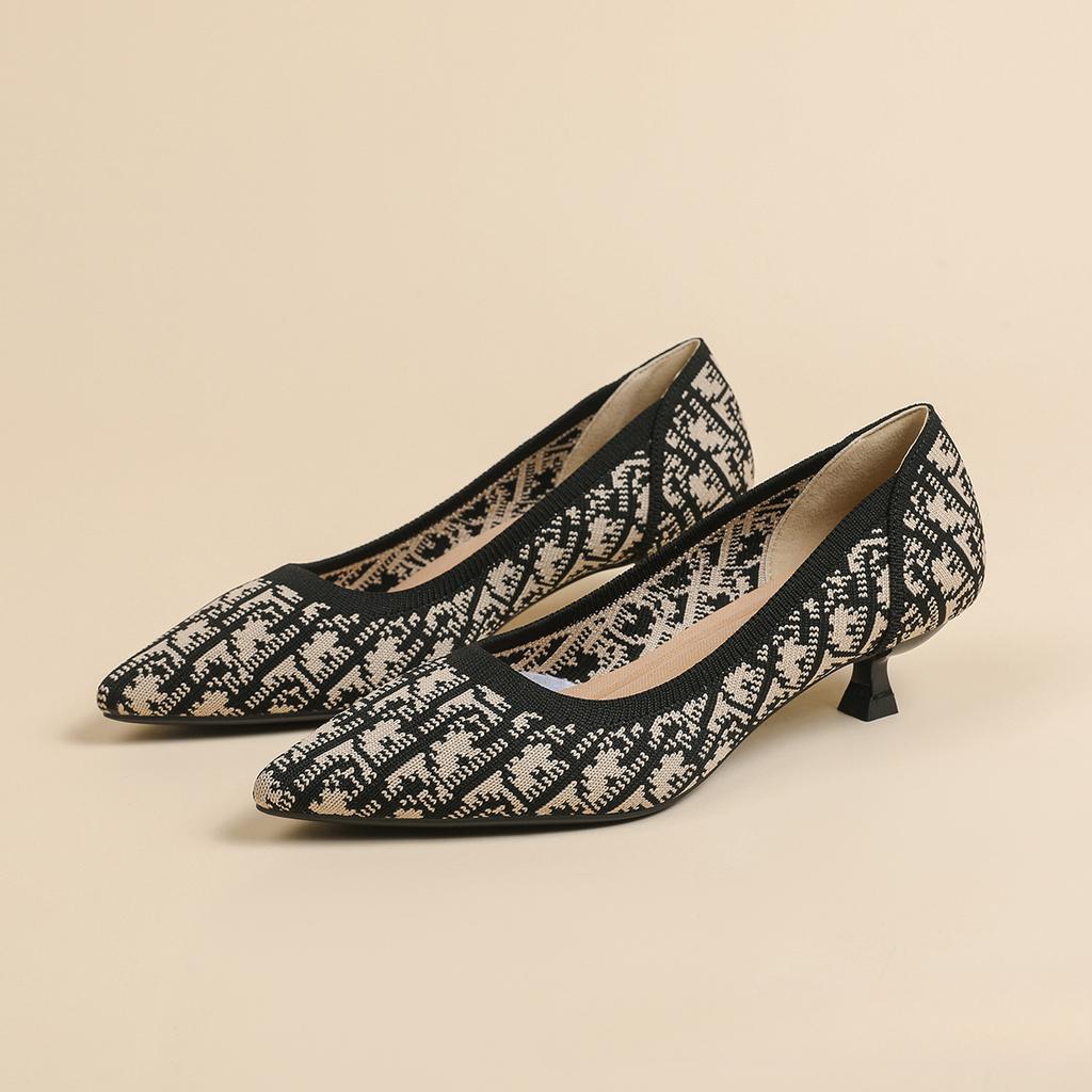 Женские рабочие туфли-лодочки на каблуке-рюмочке с острым носком, удобные вязаные туфли без застежек для ходьбы для женщин, повседневные нарядные туфли для офиса, туфли на низком каблуке