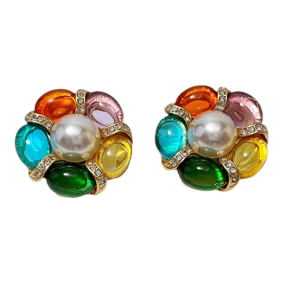 Оригинальные ретро клипсы для ушей из 18-каратного золота с разноцветным стеклом в средневековом стиле, не требующие прокола