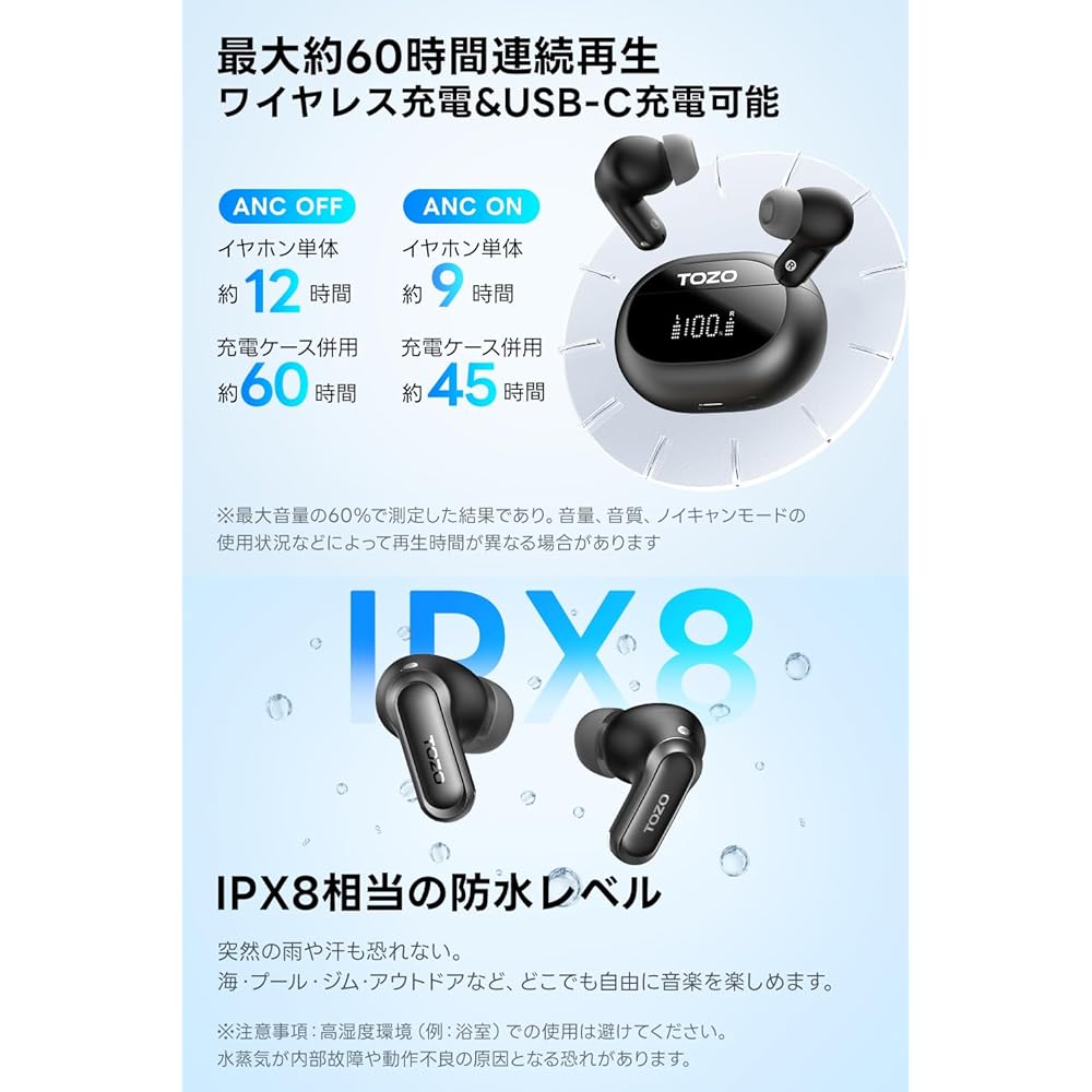 TOZO NC20 Bluetooth Wireless Earphones: Adaptive Hybrid ANC, 52dB Noise Reduction, Mid-Low Frequency Response, Warm Tone Sound Quality/Advanced Custom