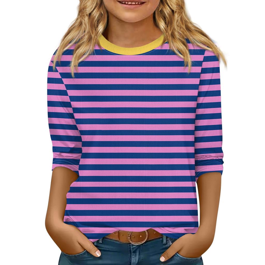 Children's 3/4 Sleeve Tops Knit Casual Print T Shirt Round Neck Pullover Blouse