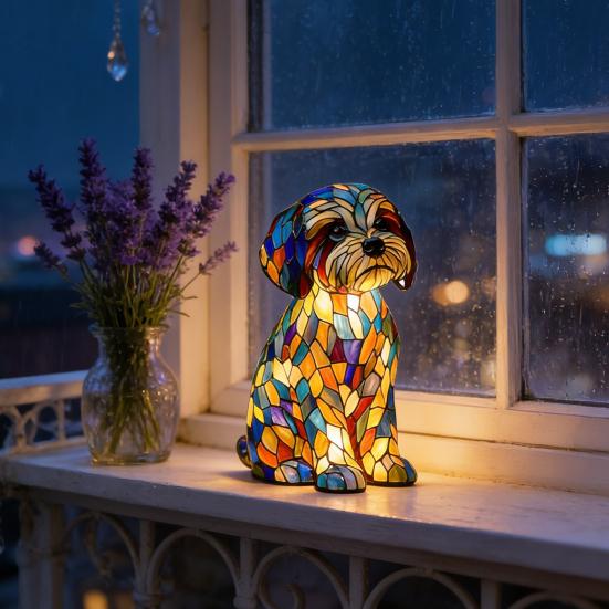 Rainbow Pup Night Light Handmade Vintage Dyed Resin 3D Puppy Lamp USB Powered Soft Warm LED Non-Glaring Decorative Gift for Dog Lovers Bedroom Desk